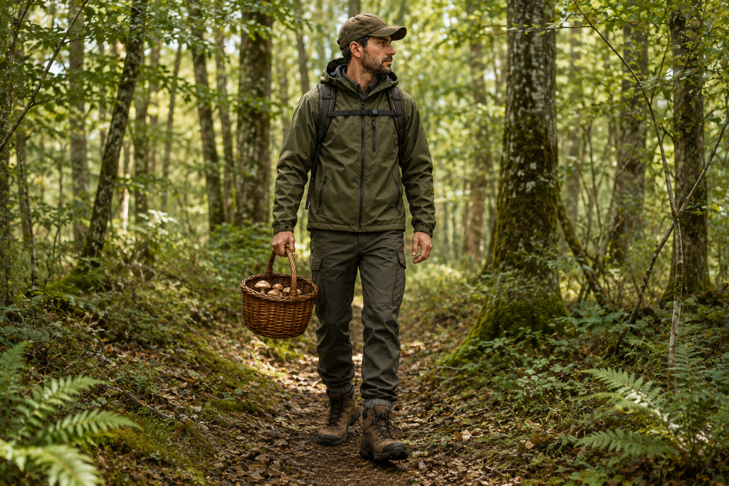 cueilleur de champignon dans les bois avec panier en osier