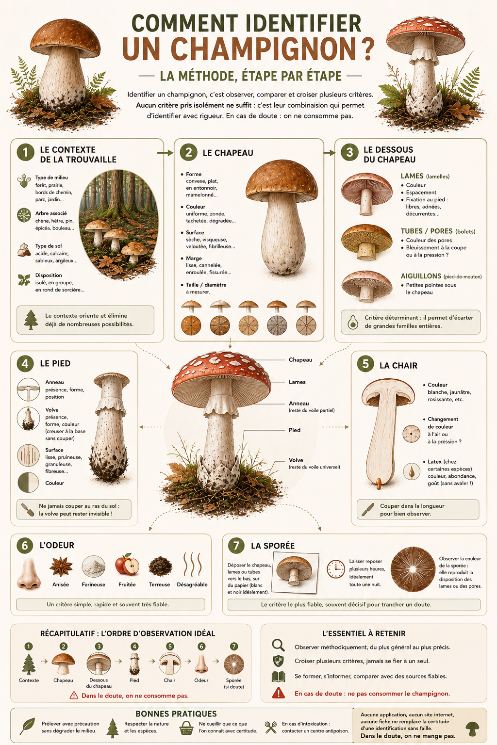 Schéma récapitulatif de la méthode d'identification d'un champignon en 7 étapes